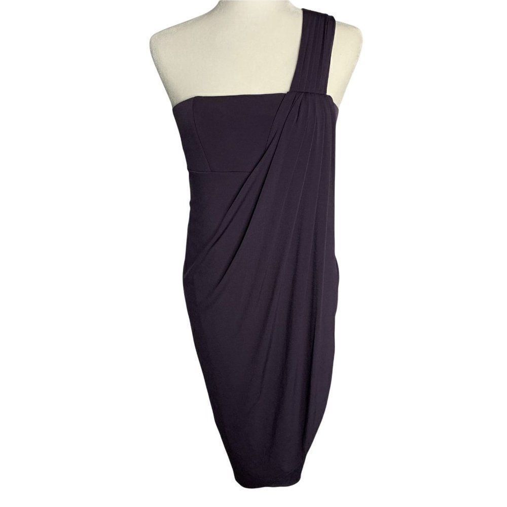 Suzi Chin One Shoulder Faux Wrap Dress 6 Dark Grey Draped Padded Bust Zip NEW